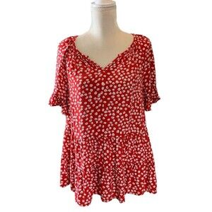 Beach Lunch Lounge Akia Ruffle Tiered Top Women's XS Short Sleeve Red Floral